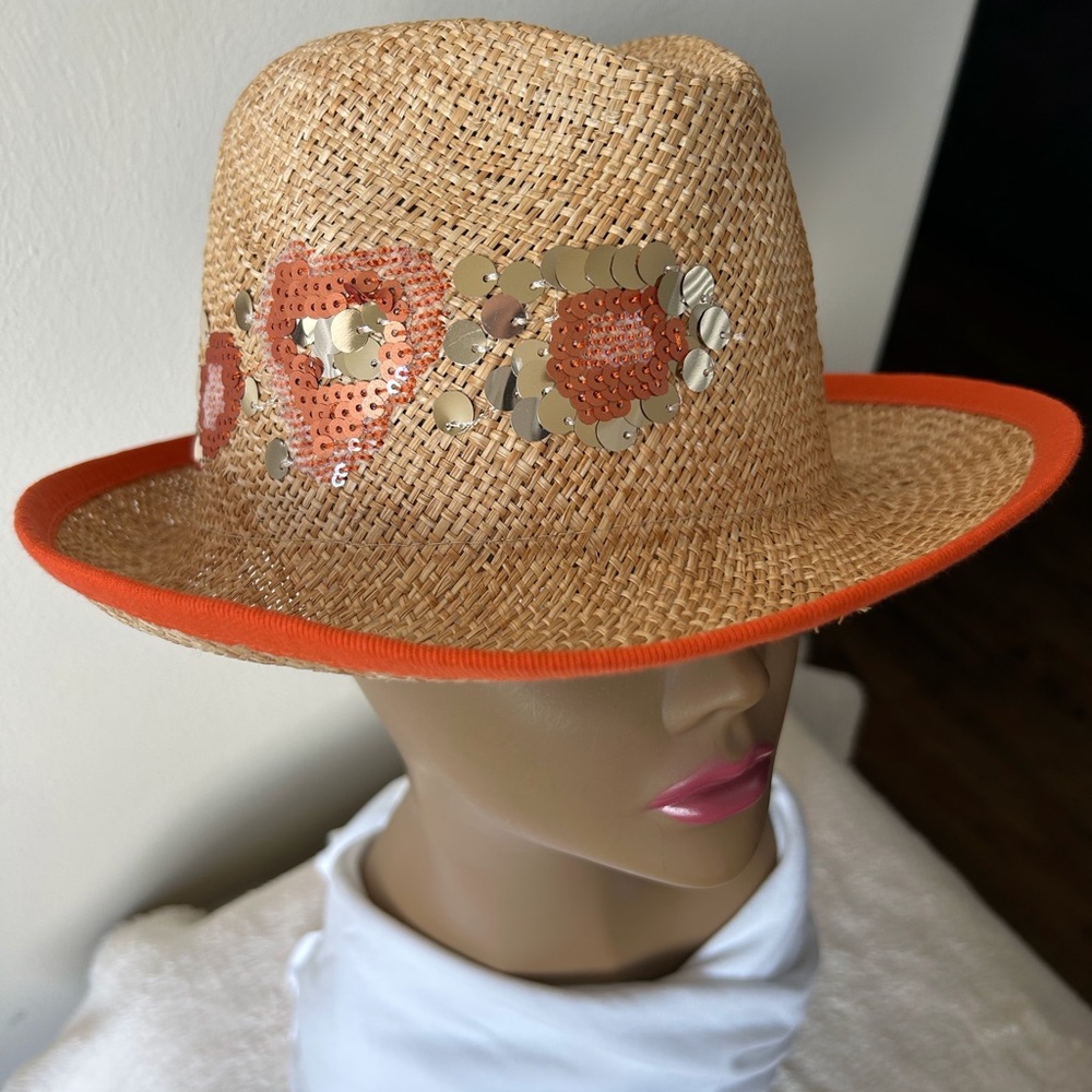 Natural Straw and Orange Sequin Fedora Hat